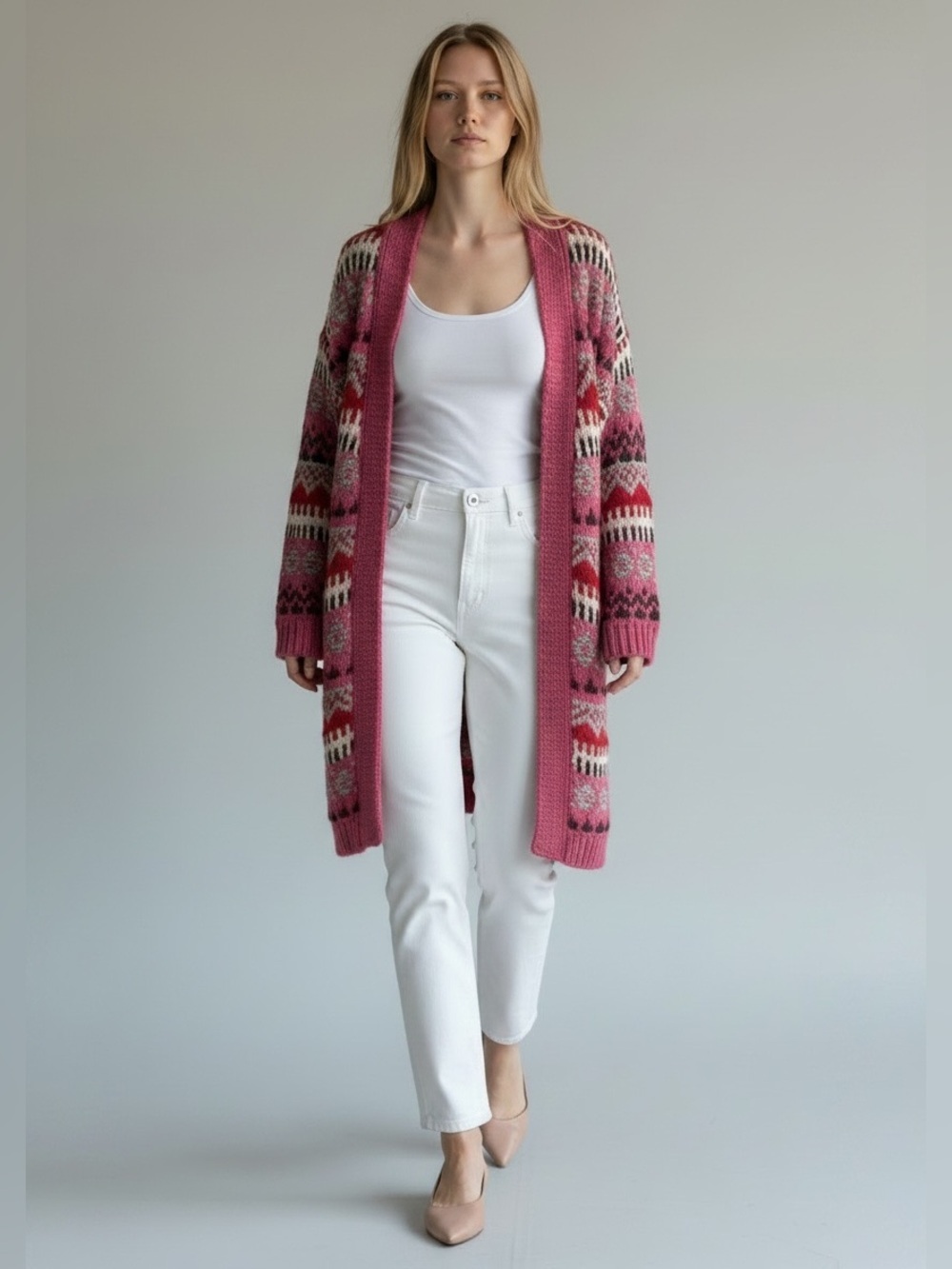 Cocogio Wool Duster Cardigan Chunky Knit Draped Sweater Pink Red Black Small